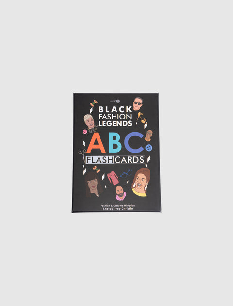 Black Fashion Legends ABC flashcards box with illustrated faces and fashion icons