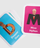 Alphabet flash cards featuring illustrations of Dapper Dan and Misa Hylton on colorful backgrounds.