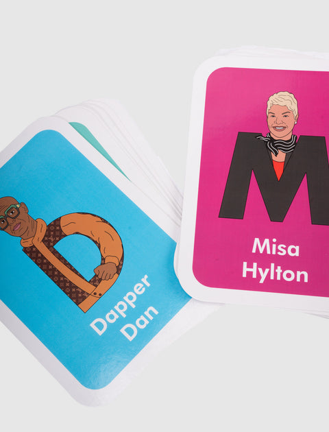 Alphabet flash cards featuring illustrations of Dapper Dan and Misa Hylton on colorful backgrounds.