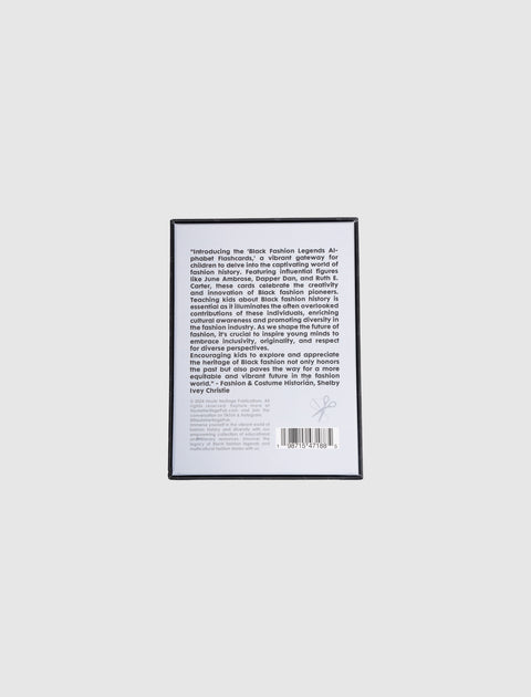 Back of Black Fashion Legends Alphabet Flashcards box with text description and barcode