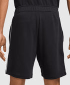Back view of men's black athletic shorts with white side stripes, elastic waistband