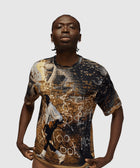 Man wearing graphic streetwear t-shirt with urban graffiti and brick wall print