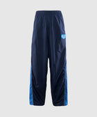 Men's navy blue track pants with elastic waistband and blue side panels on white background