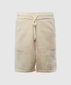 Cream fleece men's streetwear shorts with drawstring waist and 'HONOR' embroidered on leg