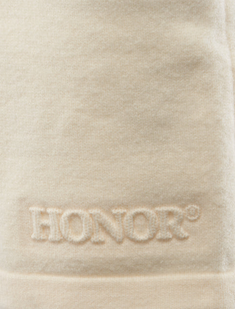 Beige fleece fabric with HONOR embroidery, men's streetwear apparel detail