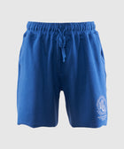 Blue men's streetwear shorts with drawstring waist and white printed graphic on leg