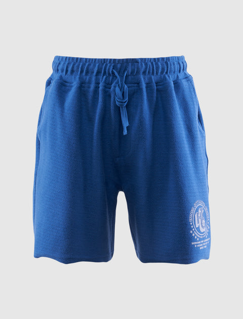 Blue men's streetwear shorts with drawstring waist and white printed graphic on leg