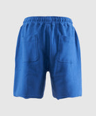 Back view of blue men's streetwear shorts with two rear pockets and elastic waistband