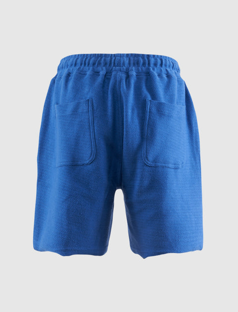 Back view of blue men's streetwear shorts with two rear pockets and elastic waistband