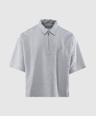 Men's grey textured short sleeve zip polo shirt on plain background