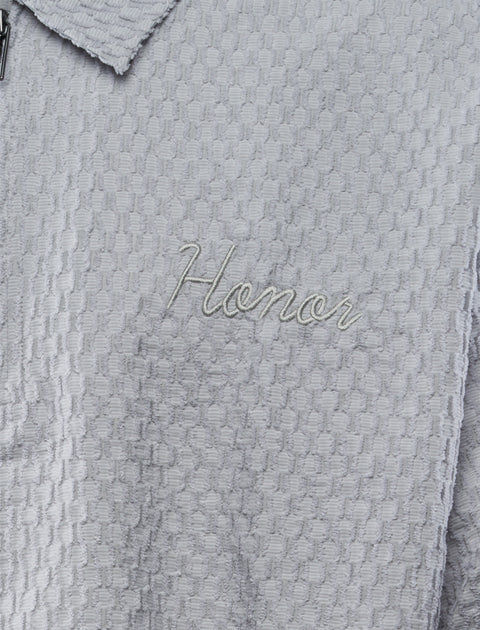 Gray textured men's streetwear jacket with collar and 'Honor' embroidered on chest