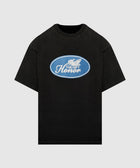 Black graphic streetwear t-shirt with blue oval logo and 'The Gift Honor' text on front