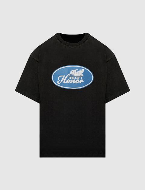 Black graphic streetwear t-shirt with blue oval logo and 'The Gift Honor' text on front