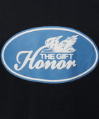 Black streetwear shirt with blue oval logo, white script 'THE GIFT Honor' and graphic