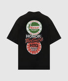 Black streetwear t-shirt with bold back graphics and Honor The Gift car club logos