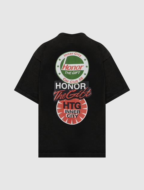 Black streetwear t-shirt with bold back graphics and Honor The Gift car club logos