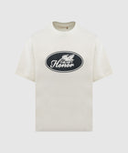 White men's streetwear t-shirt with 'The Gift Honor' black oval graphic on front