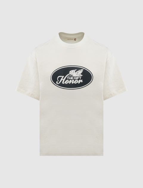 White men's streetwear t-shirt with 'The Gift Honor' black oval graphic on front