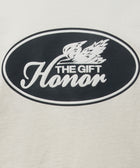 White streetwear t-shirt with black oval graphic and 'The Gift Honor' text on chest