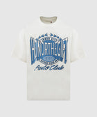 White streetwear t-shirt with blue 'Honor The Gift Auto Club' graphic on front