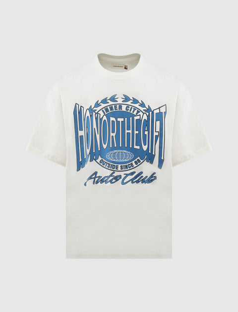 White streetwear t-shirt with blue 'Honor The Gift Auto Club' graphic on front