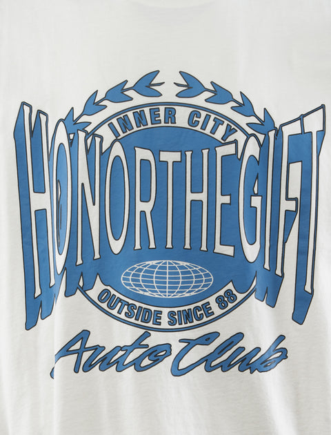 White streetwear t-shirt with blue Honor The Gift Inner City Auto Club graphic print