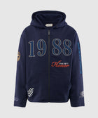 Navy blue men's streetwear zip-up hoodie with '1988' and graphic embroidery on front and sleeves