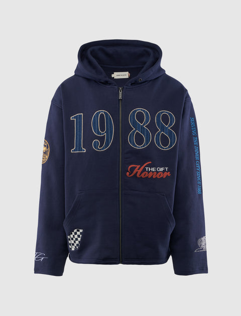 Navy blue men's streetwear zip-up hoodie with '1988' and graphic embroidery on front and sleeves