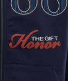 Navy streetwear hoodie with 'Honor The Gift' embroidered in red and white letters