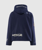 Navy blue streetwear hoodie with white 'HONOR' text and graphic prints on the back