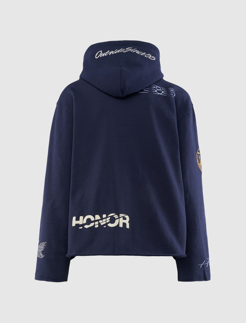 Navy blue streetwear hoodie with white 'HONOR' text and graphic prints on the back