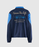 Navy and blue men's streetwear jacket with embroidered car and 'Honor The Gift' text on back
