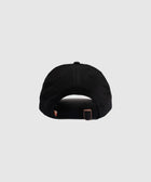 Back view of black adjustable streetwear cap with metal buckle closure on light background