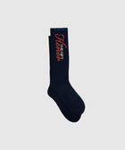 Navy crew socks with red and white text reading 'The Gift Homer' on ribbed cuff