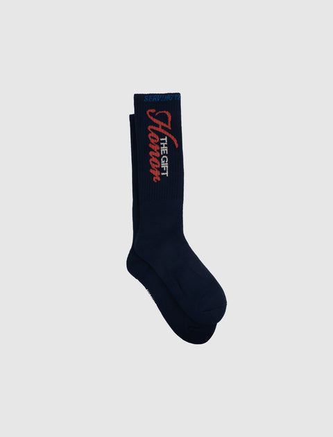 Navy crew socks with red and white text reading 'The Gift Homer' on ribbed cuff