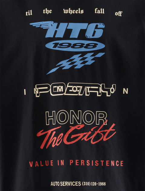 Black streetwear T-shirt with bold graphic text, racing motifs, and 'Honor The Gift' in red script.