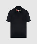 Black short sleeve streetwear shirt with small embroidered logo on upper back