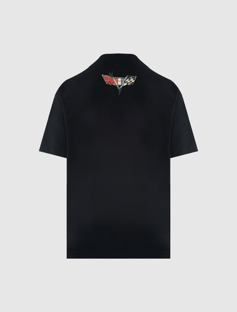 Black short sleeve streetwear shirt with small embroidered logo on upper back