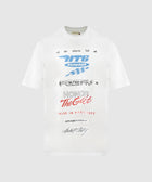 White streetwear graphic t-shirt with blue and red racing inspired text on front