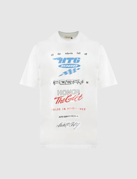 White streetwear graphic t-shirt with blue and red racing inspired text on front