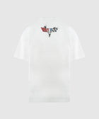 White short sleeve streetwear t-shirt with small checkered flag graphic on the upper back.
