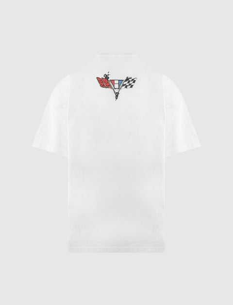 White short sleeve streetwear t-shirt with small checkered flag graphic on the upper back.