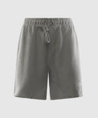 Stone grey men's streetwear shorts with drawstring waistband, front view on white background