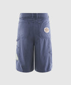 Blue denim men's shorts with back pockets and honor gift patch detailing