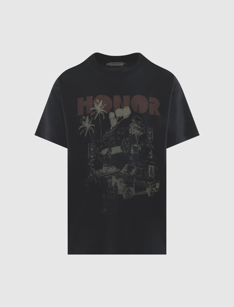 Black streetwear t-shirt with 'HONOR' text, palm trees, and ice cream truck graphic print