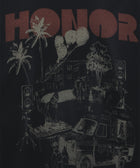 Black streetwear shirt with HONOR text, palm trees, DJ booth, crowd, and ice cream truck graphic