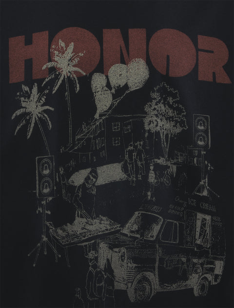 Black streetwear shirt with HONOR text, palm trees, DJ booth, crowd, and ice cream truck graphic