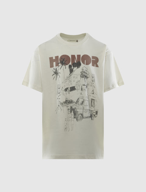 Cream streetwear graphic tee with 'HONOR' text, sketch of palm trees and ice cream truck