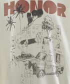 Graphic print t-shirt featuring HONOR text, palm trees, street scene, and ice cream truck illustration