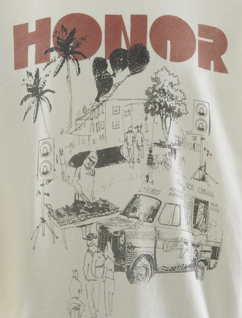 Graphic print t-shirt featuring HONOR text, palm trees, street scene, and ice cream truck illustration